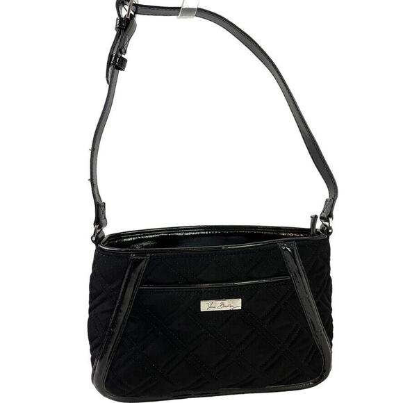 Vera Bradley Solid Black Quilted Handbag Patent Leather Trim Shoulder Bag Purse - Picture 1 of 16